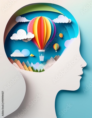 Paper cut kid head with colorful hot air balloon flying in sky landscape. Little boy imagination concept. Children education, child psychology illustration in realistic 3D papercut style.