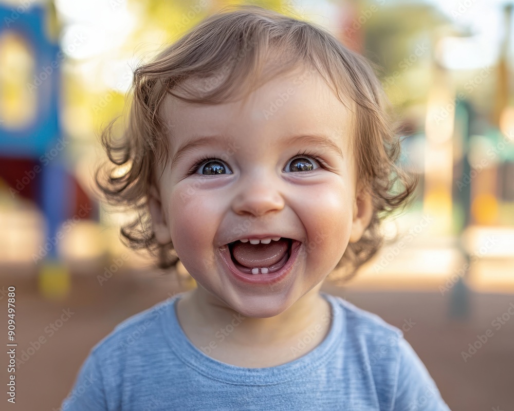 Close-up of a joyful toddler laughing, with bright eyes and a wide smile, looking straight at the camera against a blurred playground background Close-up of a joyful toddler laughing, with bright eyes and a wide smile, looking straight at the camera against a blurred playground background
