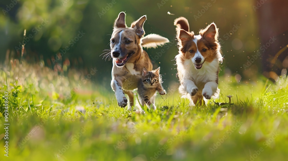 A dog and cat running together through a green meadow, enjoying the outdoors A dog and cat running together through a green meadow, enjoying the outdoors