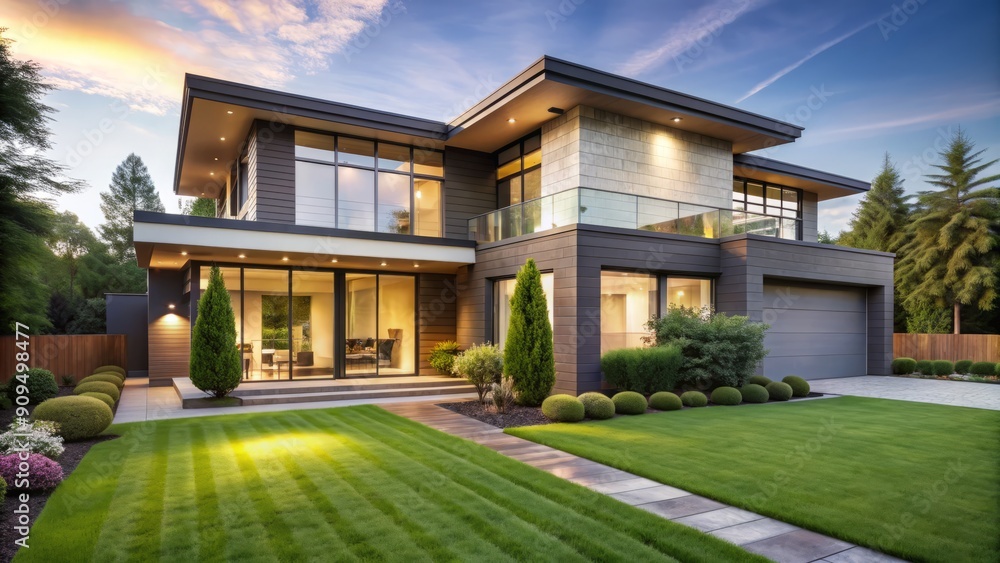 Modern suburban residence featuring clean lines, large windows, and sleek exterior walls, surrounded by lush greenery and a perfectly manicured lawn. Modern suburban residence featuring clean lines, large windows, and sleek exterior walls, surrounded by lush greenery and a perfectly manicured lawn.