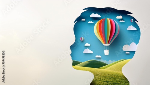 Paper cut kid head with colorful hot air balloon flying in sky landscape. Little boy imagination concept. Children education, child psychology illustration in realistic 3D papercut style.