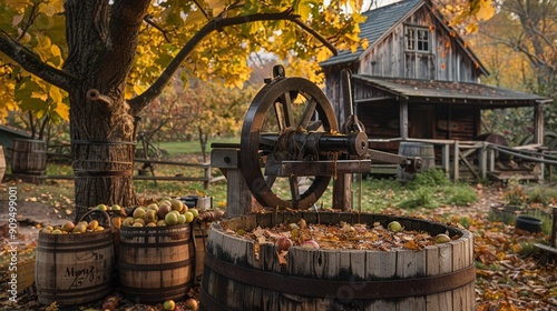 Farmhouse cider making, apple harvest, rustic press photo