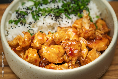 pollo a la naranja con arroz blanco, cebollin y ajonjoli