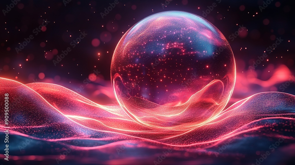 Obraz premium A Glowing Orb Suspended Above Wavy, Red Abstract Surface