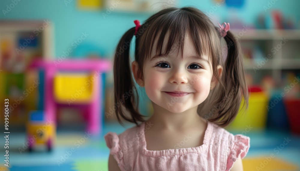 Detailed shot of a joyful little girl with pigtails, smiling directly at the camera, with a colorful playroom in the background Detailed shot of a joyful little girl with pigtails, smiling directly at the camera, with a colorful playroom in the background