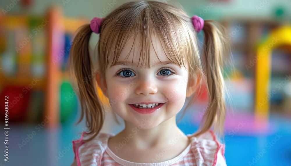 Detailed shot of a joyful little girl with pigtails, smiling directly at the camera, with a colorful playroom in the background Detailed shot of a joyful little girl with pigtails, smiling directly at the camera, with a colorful playroom in the background