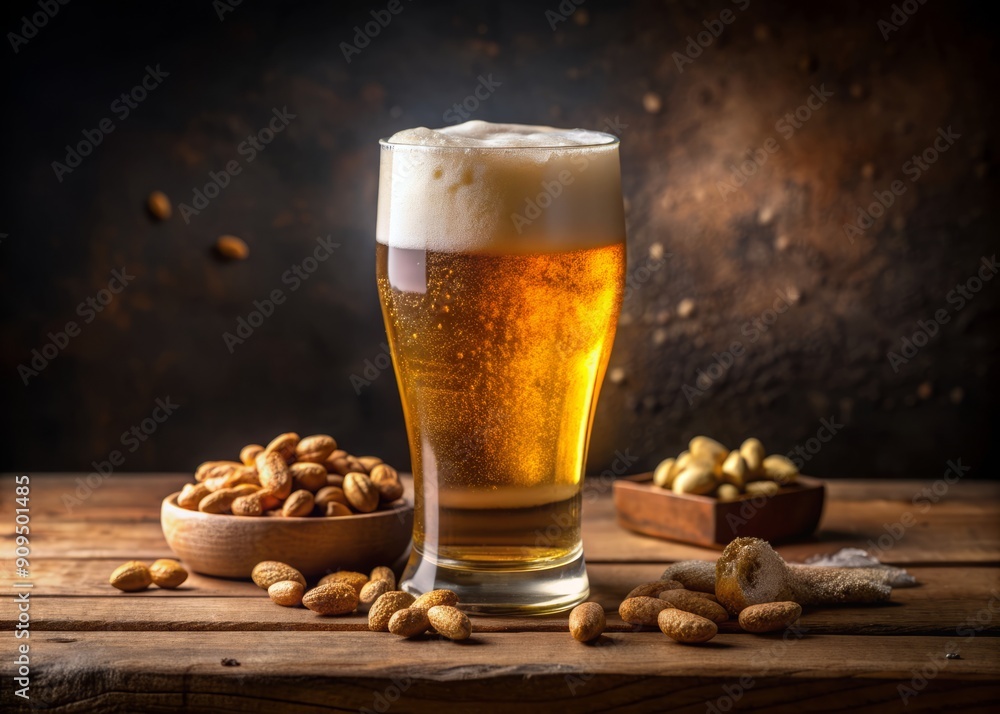 Frosted glass filled with refreshing cold lager beer, condensation dripping down, sitting on a polished wooden bar counter, with a few scattered peanuts nearby. Frosted glass filled with refreshing cold lager beer, condensation dripping down, sitting on a polished wooden bar counter, with a few scattered peanuts nearby.