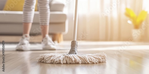 Home cleaner carefully mopping the hardwood floor in a contemporary living room, achieving a spotless and gleaming finish