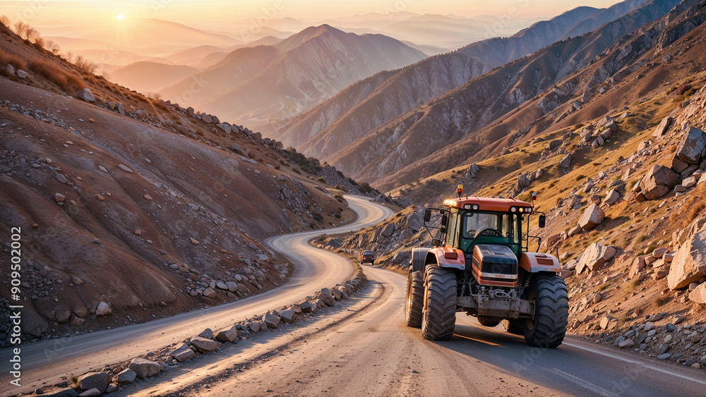 Tractor clearing snow in forest, soft sun, sunset, close up Tractor clearing snow in forest, soft sun, sunset, close up