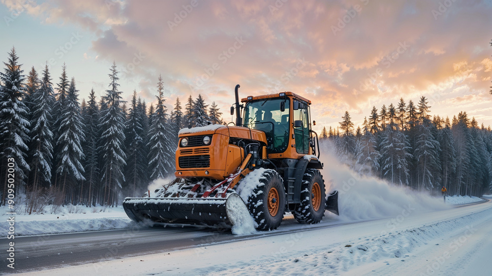 Tractor clearing snow in forest, soft sun, sunset, close up Tractor clearing snow in forest, soft sun, sunset, close up