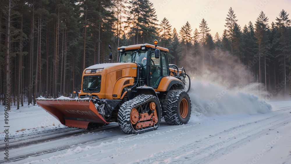 Tractor clearing snow in forest, soft sun, sunset, close up Tractor clearing snow in forest, soft sun, sunset, close up