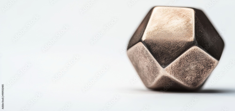 Macro shot of a geometric dodecahedron, with symmetrical facets and a metallic sheen, isolated on a white background Macro shot of a geometric dodecahedron, with symmetrical facets and a metallic sheen, isolated on a white background