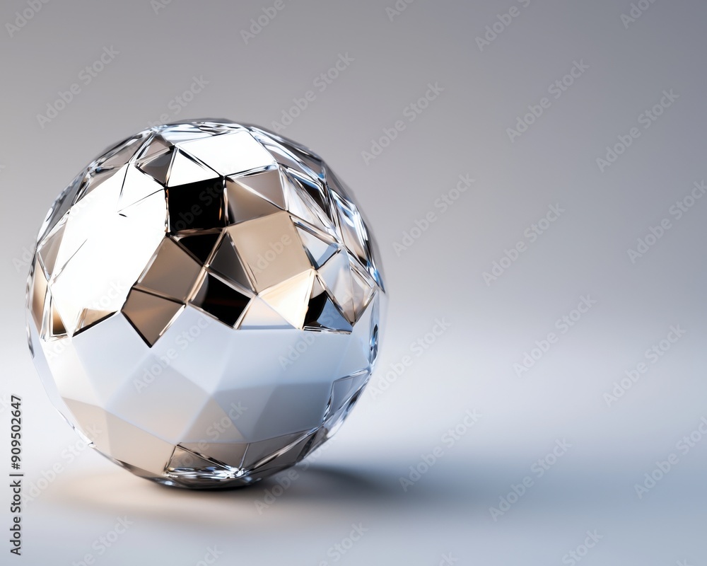 Naklejka premium Macro view of a geometric sphere with faceted surfaces, displaying a blend of reflective and matte finishes, against a plain background