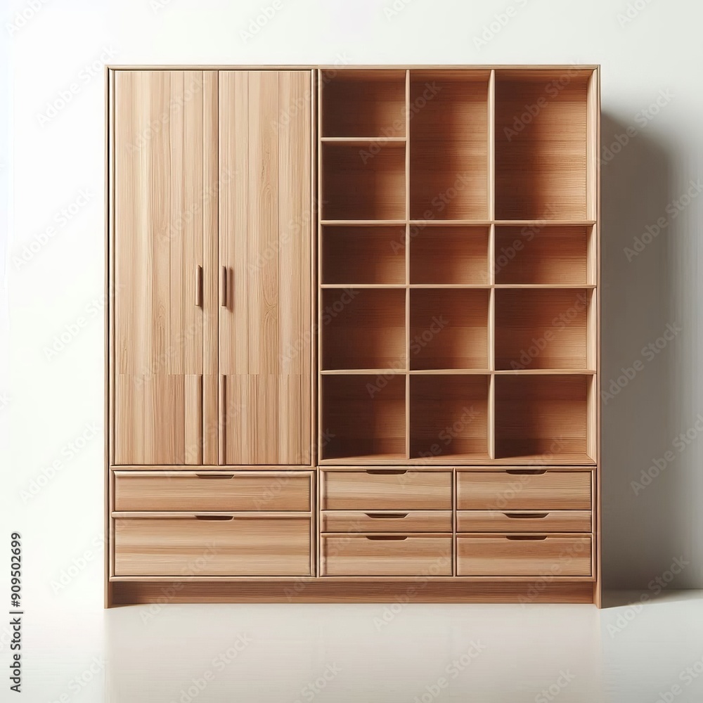 empty Wooden wardrobe with shelves and door in a classic home interior isolated white background empty Wooden wardrobe with shelves and door in a classic home interior isolated white background