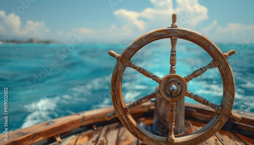 Boat steering wheel with a panoramic view of the serene and clear blue sea, perfect for marine imagery