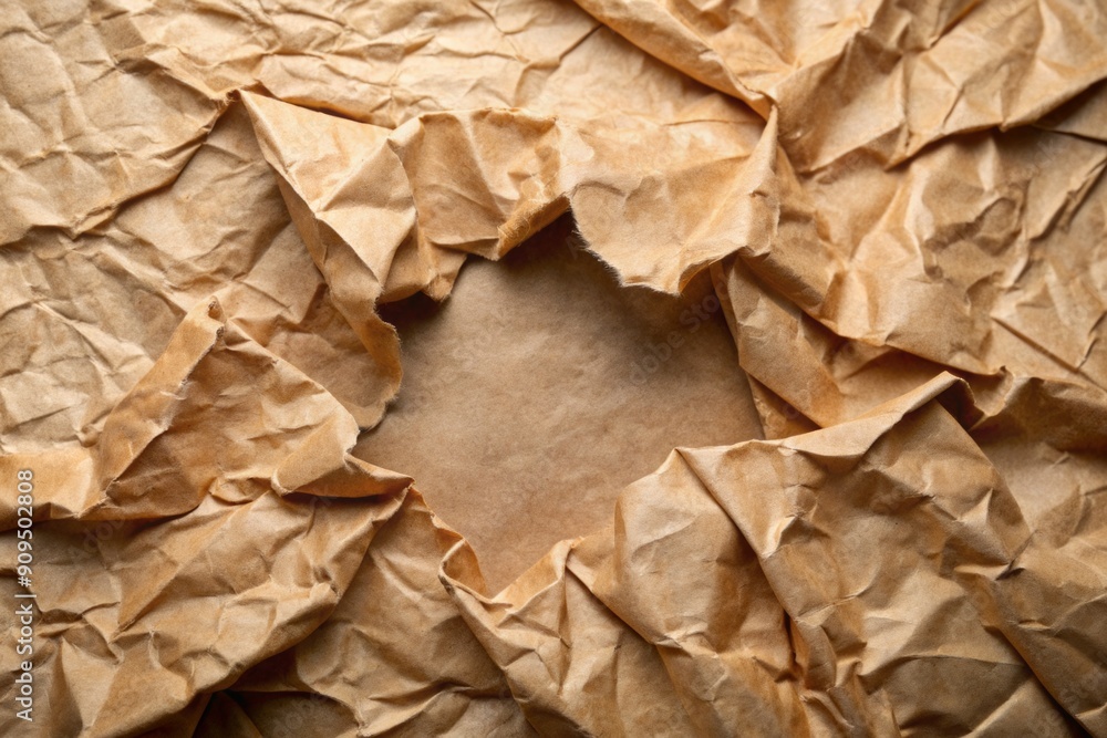 Crumpled brown craft paper with a cut out shape, edges torn and rough, scattered on a smooth surface, waiting for creative expression and artistry. Crumpled brown craft paper with a cut out shape, edges torn and rough, scattered on a smooth surface, waiting for creative expression and artistry.