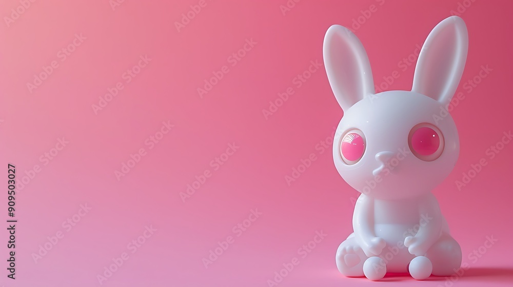 a cute white plastic bunny wearing adhesive eye doll on a pink background a cute white plastic bunny wearing adhesive eye doll on a pink background