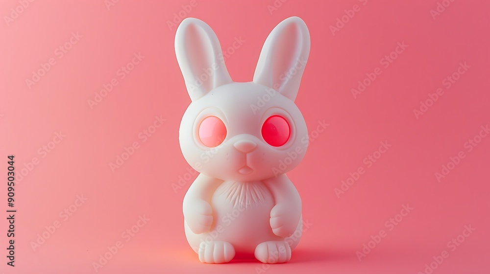 a cute white plastic bunny wearing adhesive eye doll on a pink background a cute white plastic bunny wearing adhesive eye doll on a pink background
