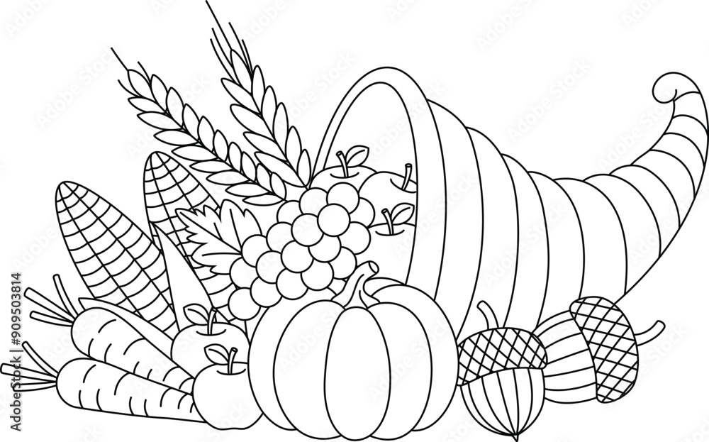 Cornucopia Filled with Fruits and Vegetables outline coloring page. Thanksgiving hand drawn colouring