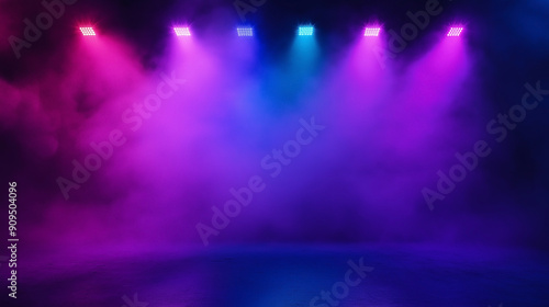 Dark  the wet asphalt reflected the vibrant neon lights  while smoke and fog swirled in the abstract background. neon  light  smoke  background  abstract  fog  asphalt  wet  dark  reflection.