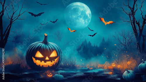 Dark Halloween night  under the eerie glow of the moon  an evil presence haunts the cemetery  casting fear across the castle and holiday   s carved pumpkins. evil  halloween  horror  moon  pumpkin.