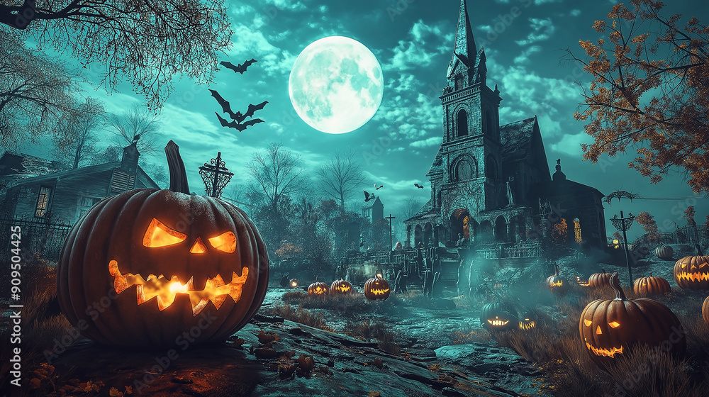 Dark Halloween night, under the eerie glow of the moon, an evil presence haunts the cemetery, casting fear across the castle and holiday’s carved pumpkins. evil, halloween, horror, moon, pumpkin. Dark Halloween night, under the eerie glow of the moon, an evil presence haunts the cemetery, casting fear across the castle and holiday’s carved pumpkins. evil, halloween, horror, moon, pumpkin.
