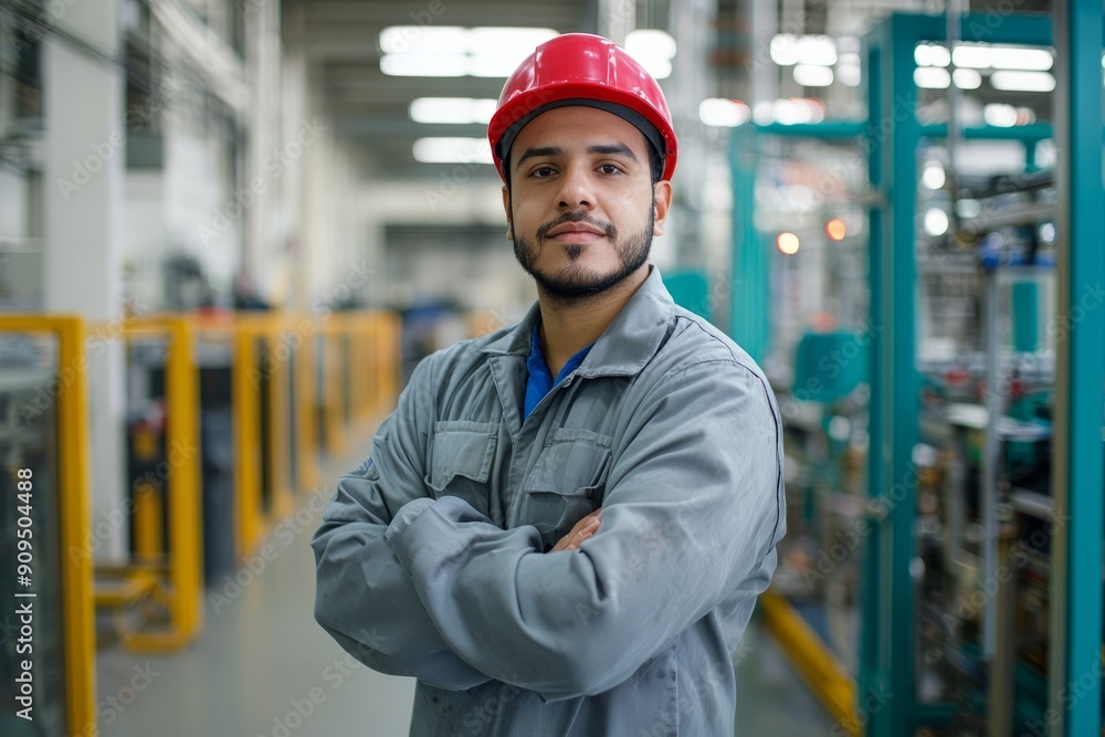 Portrait of a factory production worker standing by an assembly line, Generative AI