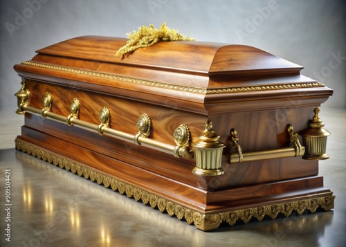 Elegant wooden coffin with intricate carvings and polished finish, adorned with golden handles, resting on a velvet-draped funeral stand in a serene atmosphere. photo