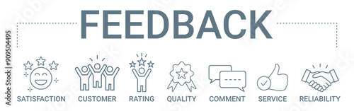 Feedback concept banner icon contain of satisfaction, customer, rating, quality, comment, service, and reliability vector illustration