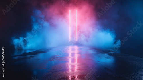 Dark, the wet asphalt reflected the vibrant neon lights, while smoke and fog swirled in the abstract background. neon, light, smoke, background, abstract, fog, asphalt, wet, dark, reflection.