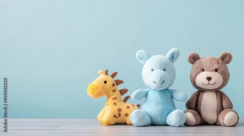 Cute stuffed animals and toys on a blue background. Cute stuffed animals and toys on a blue background.