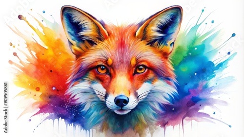 Vibrant watercolor fox face logo with bold brushstrokes and striking colors on a clean white background, exuding power and sophistication. photo