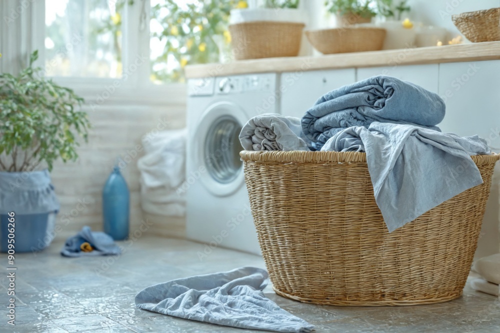 Obraz premium Laundry room washing machine basket folded blue towels a laundry