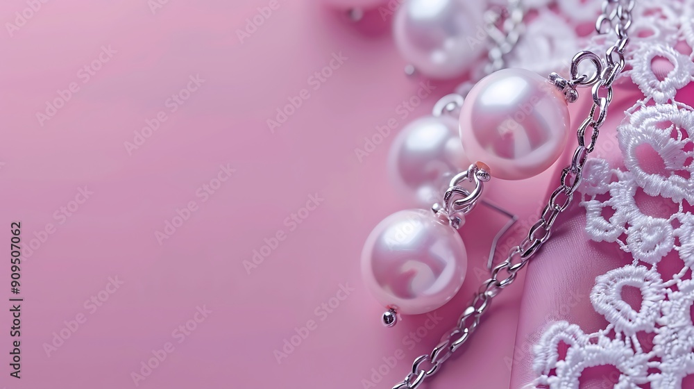 Beautiful silver shiny pearl jewelry trendy glamorous earrings chain on pink purple background with exquisite lace lay flat lay Beautiful silver shiny pearl jewelry trendy glamorous earrings chain on pink purple background with exquisite lace lay flat lay
