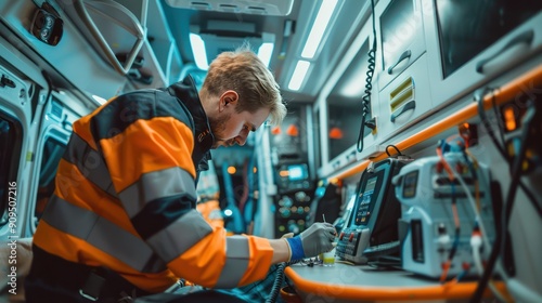 Close-up of a paramedic checking vital signs of a patient in an ambulance.