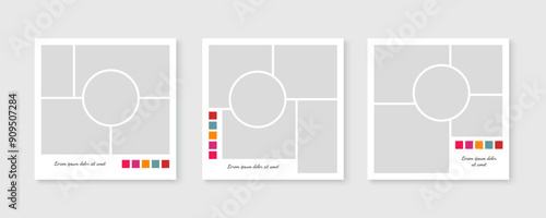 Mood board layout. Photo collage template. Mosaic picture album grid. Square mood board mockup. Vector illustration