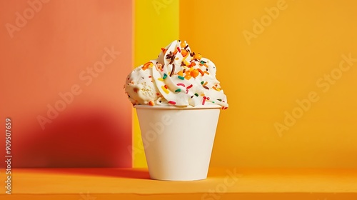 big Mixed ice cream in sundae cup on yellow and orange background photo