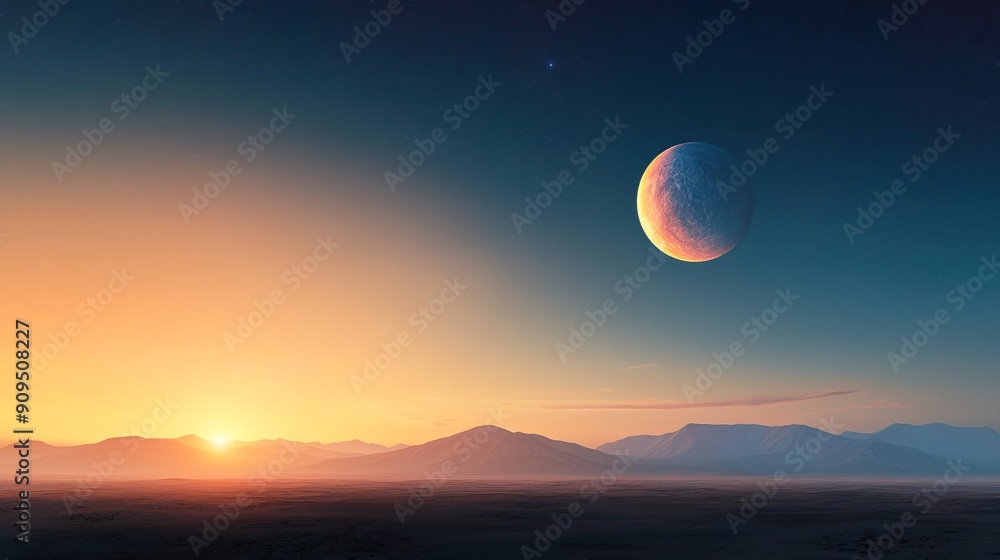 A picturesque alien landscape with a crescent moon and a sun setting over snowy mountains. A picturesque alien landscape with a crescent moon and a sun setting over snowy mountains.