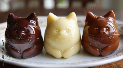 Cat shaped chocolates in various shades of brown on a white plate. Handmade desserts for cat lovers photo