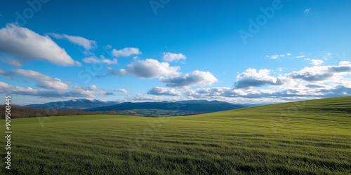 Landscape portrait of emerald green rolling hills with a forest off in the distance, blue sky and white puffyy clouds in the background over mountains