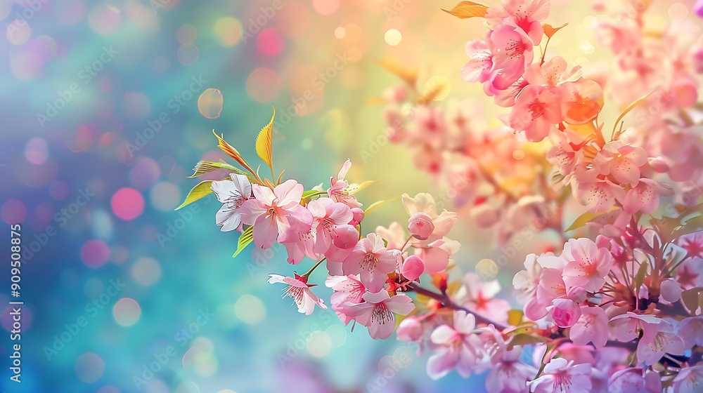 Bouquet of cherry branches with flowers on colorful background Bouquet of cherry branches with flowers on colorful background