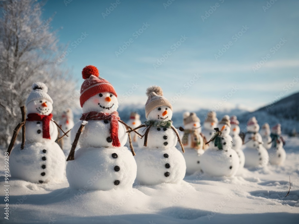 Many snowmen standing in winter Christmas landscape Many snowmen standing in winter Christmas landscape