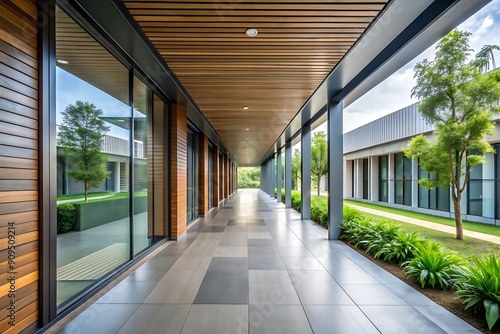 Modern Building Corridor with Wooden Ceiling and Glass Windows.