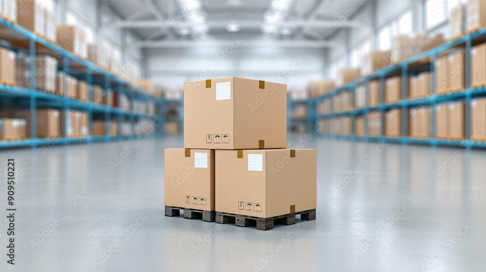 Three cardboard boxes on a pallet in a warehouse. Three cardboard boxes on a pallet in a warehouse.