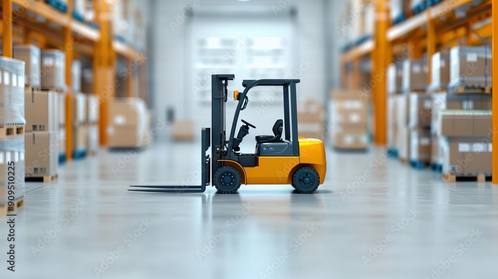 Yellow forklift in a warehouse with boxes on shelves. Yellow forklift in a warehouse with boxes on shelves.