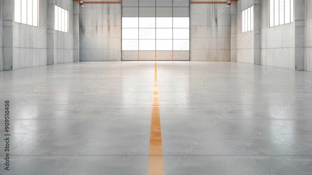 Empty industrial warehouse with large garage door and concrete floor. Empty industrial warehouse with large garage door and concrete floor.