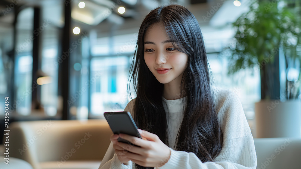 カフェでスマホを読む若い女性 カフェでスマホを読む若い女性