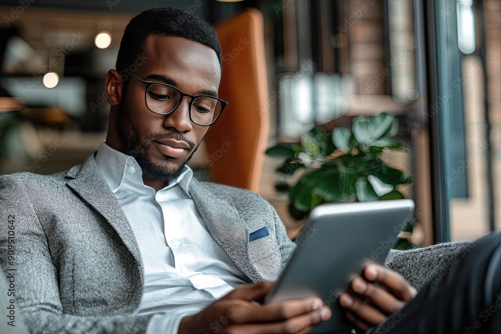 Close up of young businessman using digital tablet while sitting at his working place in office. Businessman using digital tablet Close up of young businessman using digital tablet while sitting at his working place in office. Businessman using digital tablet