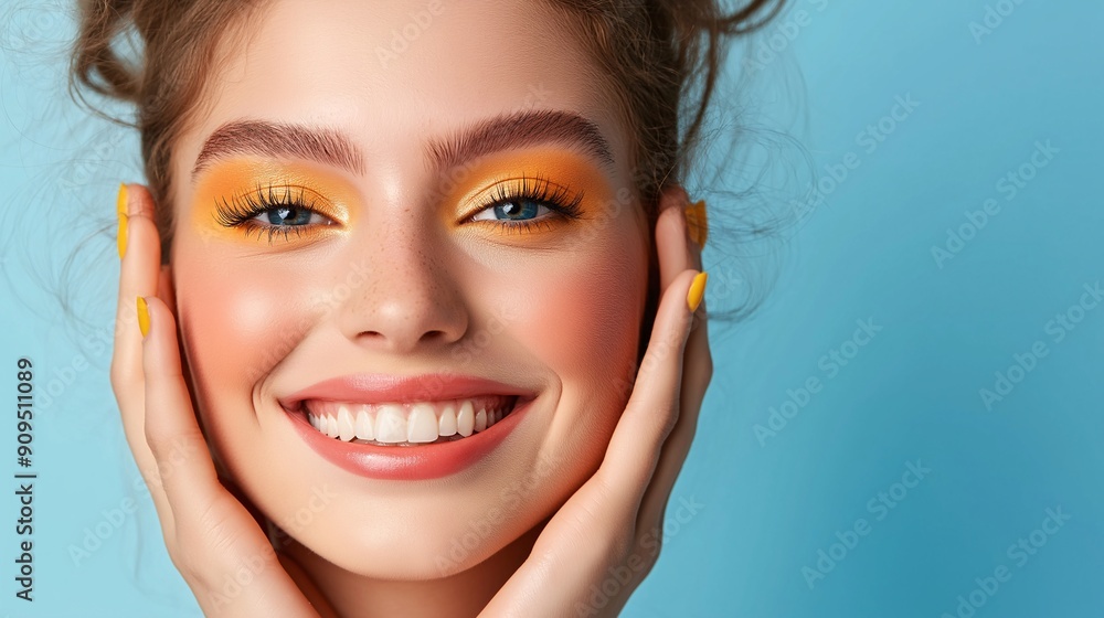Golden Summer Glow: A portrait of youthful radiance as a woman with vibrant yellow eyeshadow beams against a blue backdrop. Golden Summer Glow: A portrait of youthful radiance as a woman with vibrant yellow eyeshadow beams against a blue backdrop.