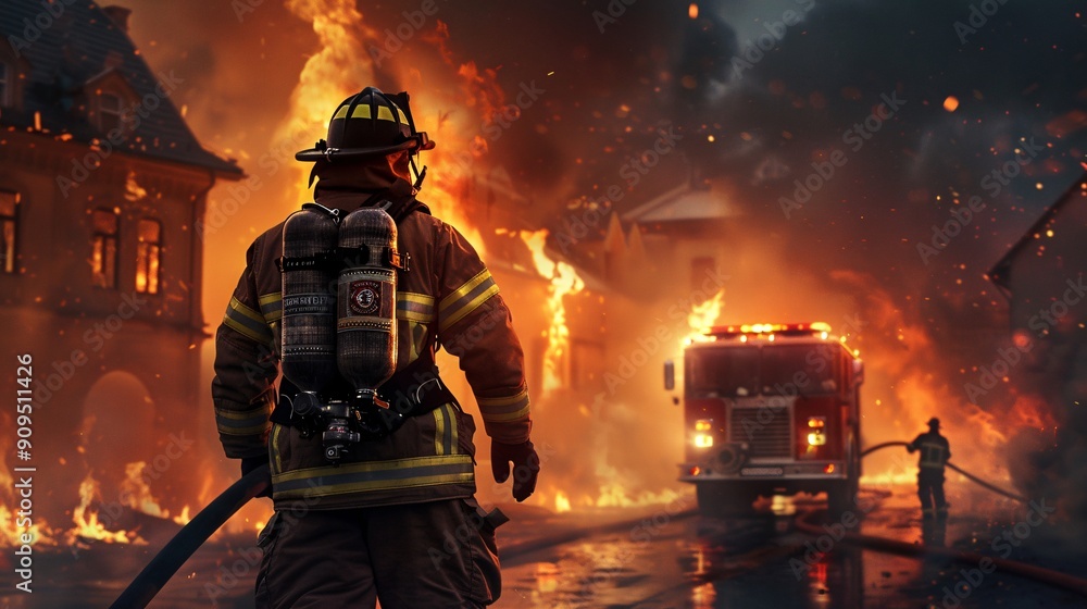 Obraz premium A firefighter character in full gear, holding a hose, with a fire truck and burning building in the background